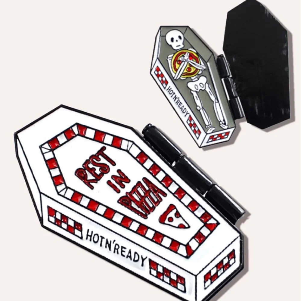 Pizza Coffin Skeleton Pin NEW Rest in Pizza Brooch Halloween Opening Hot n Ready